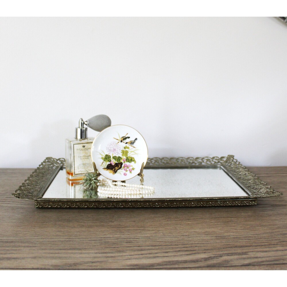 Ornate Ormolu Vanity Tray Mirrored Gold Framed Mirror Rectangle Bar Perfume Tray
